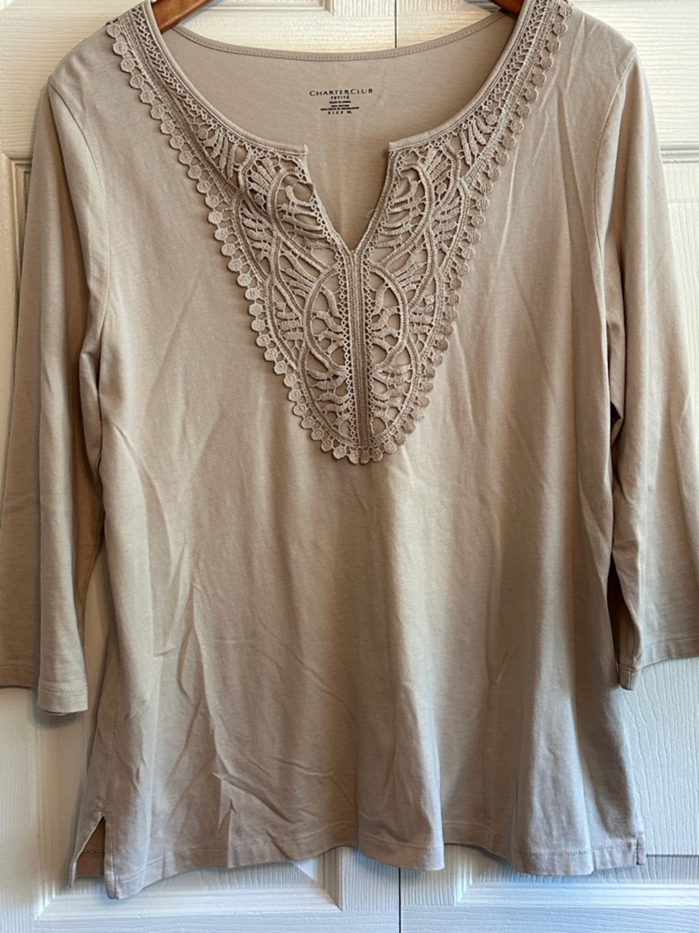 Charter Club taupe Crochet-Trim Scoop Neck Tunic